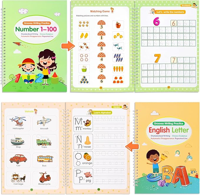 Large Size Grooved Writing Books for Kids Age 3-5 6-8, 8 Pack Magic Grooved Writing Practice Copybooks, Handwriting Prastice with Cute Fade-Resistant Pens, Workbooks Number Letter Tracing for Kids