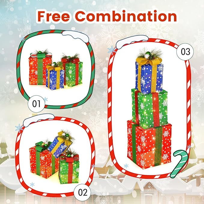 Tangkula Set of 3 Lighted Boxes Decoration, Lighted Present Boxes Set with Exquisite Boxes, Indoor Outdoor Christmas Decoration with 52 Pre-lit LED Lights for Yard Lawn Porch