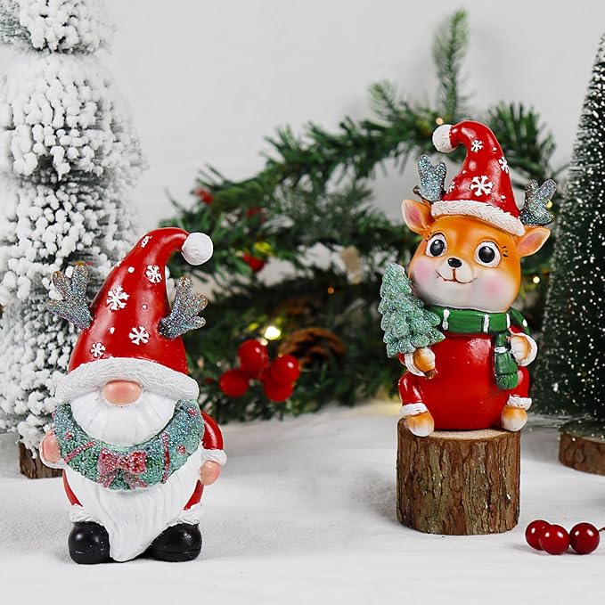 Christmas Gnome Figurines 2 PCS Resin Reindeer Decoration Indoor Collectible Statue Cute Holiday Ornament for Table Home