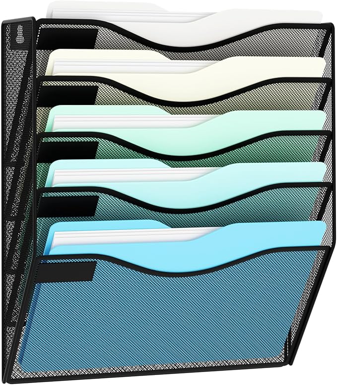 JessYo 5 Pocket Wall File Organizer Wall Mounted Mail Folder Paper Document Holder Clipboard Storage Organization Pocket Vertical Hanging Magazine Rack for Office Home School, Black