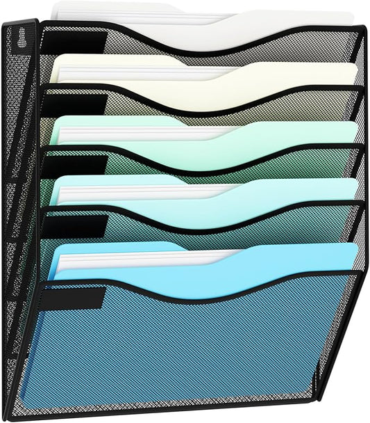 JessYo 5 Pocket Wall File Organizer Wall Mounted Mail Folder Paper Document Holder Clipboard Storage Organization Pocket Vertical Hanging Magazine Rack for Office Home School, Black