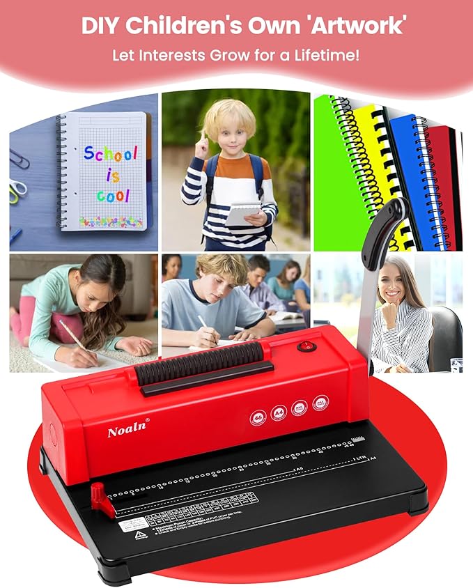 46-Hole Binding Machine Spiral Coil Binder Classic Red,DIY Book Binder Kits with Electric Coil Inserter,100pcs Comb Binding Spines,for Letter Size/A4/A5 School Office Home