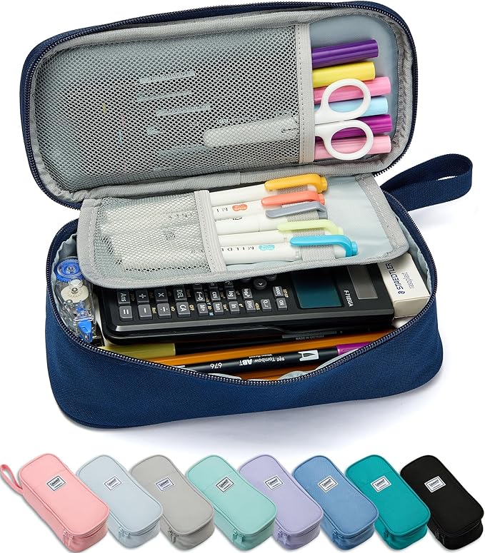 Pencil Case Pouch Box Bag School Supplies Girls Boys Kids, Cute Preppy Stuff Large Big Capacity Aesthetic Pen Organizer, Back to College Stationary, Navy Blue, Classic Stlye, 1800ml