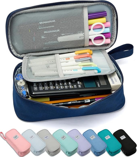 Pencil Case Pouch Box Bag School Supplies Girls Boys Kids, Cute Preppy Stuff Large Big Capacity Aesthetic Pen Organizer, Back to College Stationary, Navy Blue, Classic Stlye, 1800ml