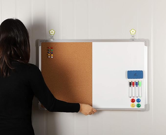 Combination Whiteboard Bulletin Board Set - Dry Erase/Cork Board 30x20 in with 1 Magnetic Dry Eraser, 4 Markers, 4 Magnets and 10 Thumb Tacks - Combo Tack Board White Board for Home Office Desk