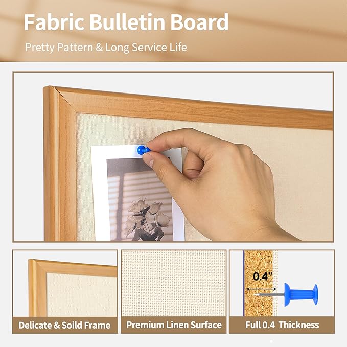 SHANTRA 24 x 18 Inch Bulletin Board with Beige Fabric, Wood Framed Canvas Cork Board, Corkboard for Walls with 10 Pins, Decorative Vision Board, Wall Mounted Notice Board for Home, Office, School