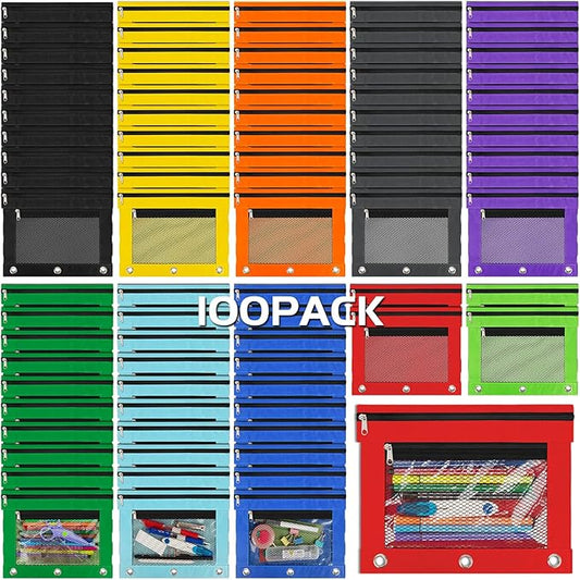 IKAYAS 100 Pack Pencil Pouch for 3 Ring Binder bulk Binder Pencil Pouch with Zipper, Pencil Pouches Pencil Bags for Classroom bulk Pencil Box Pencil Case for Storing School Students Teacher Supplies