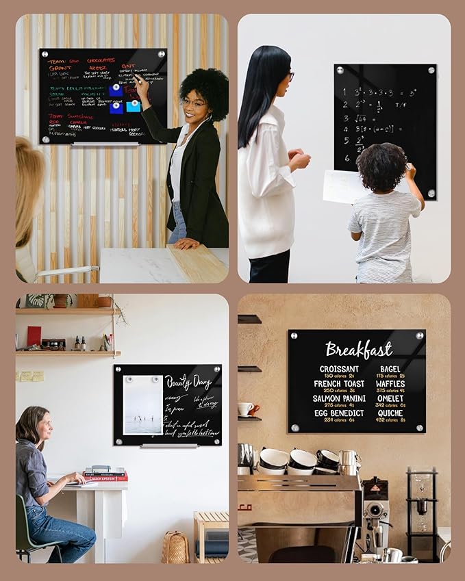 Magnetic Glass Whiteboard，24"x18" Wall Mounted Frameless Dry Erase Board for Office, Home & School Black
