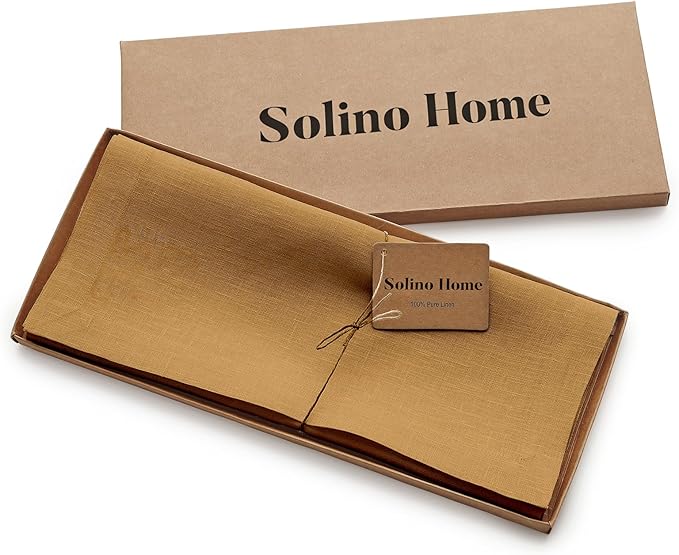 Solino Home Linen Table Runner 48 Inches - 100% Pure Linen Caramel Table Runner 14 x 48 Inch Ideal for Dresser and Coffee Tables - Fall, Autumn, Thanksgiving - Fete