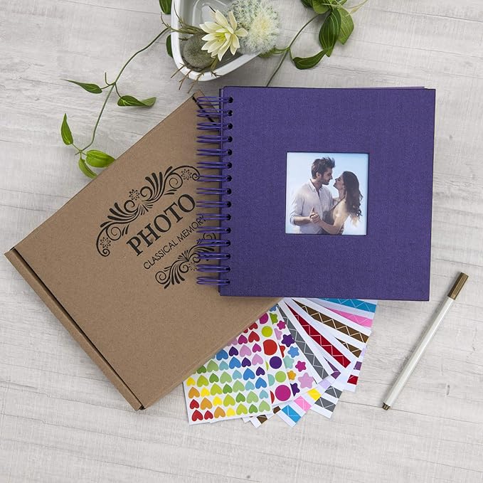 8 x 8 Inch Small DIY Scrapbook Photo Album with Window Design Cover 80 Pages Craft Paper Memory Book for Weeding Family Travel and Baby (Purple)