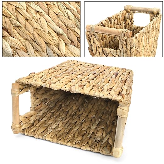 Wicker Waste Basket, Water Hyacinth Trash Can with Wooden Handles, Boho Handwoven Storage Container, Rustic Bathroom Garbage Bin, Decorative Magazine Holder for Home, Bedroom, Laundry, Office