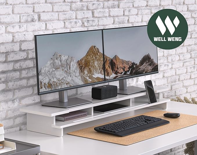Monitor Stand Dual Monitor Stand Riser for Desk,Wood Desk Shelf Storage Organizer with Phone Tablet Holder (42.5 Inch, White)