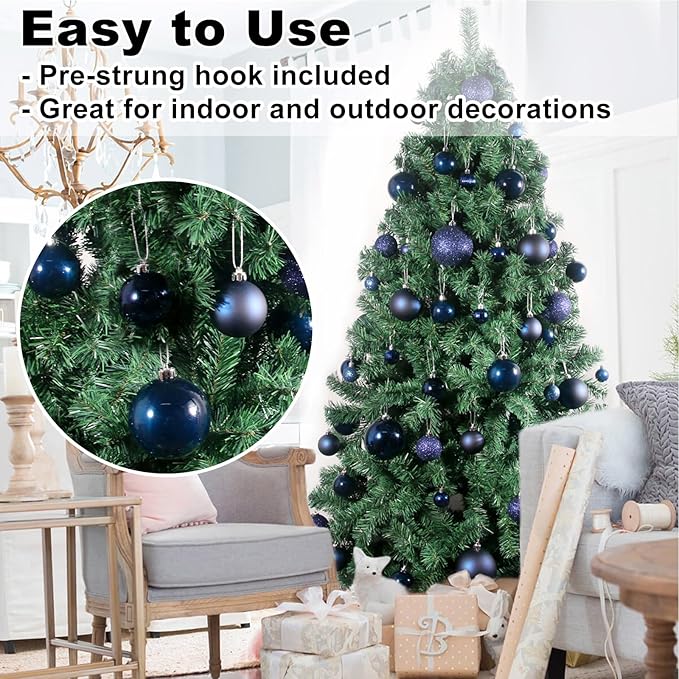Navy Blue 2.5" Christmas Balls Christmas Tree Decoration Ornaments Shatterproof Hanging Balls for Birthday Halloween Holiday Wedding Decorations Set of 24pcs