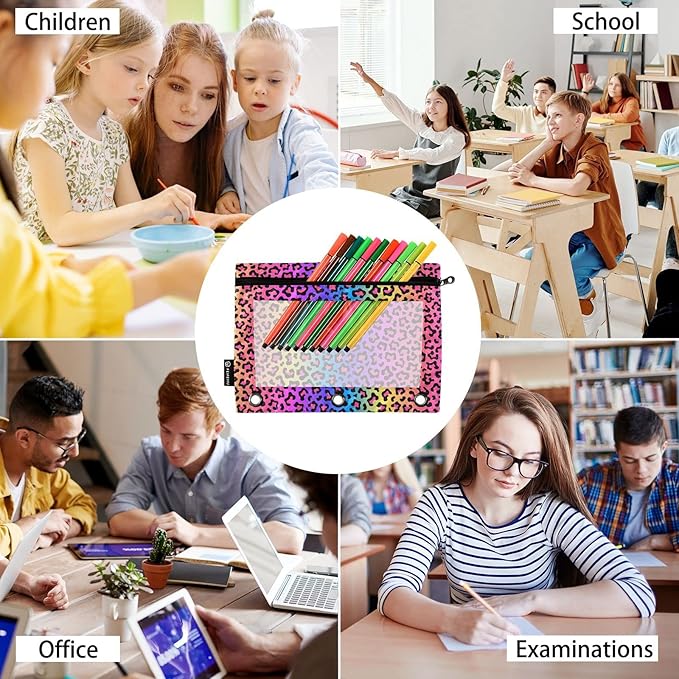 ALAZA Pencil Pouch for 3 Ring Binder, Rainbow Leopard Print Binder Pencil Pouches with Clear Window Zipper Pencil Case Cosmetic Bags for Office College Supplies, 2PCS