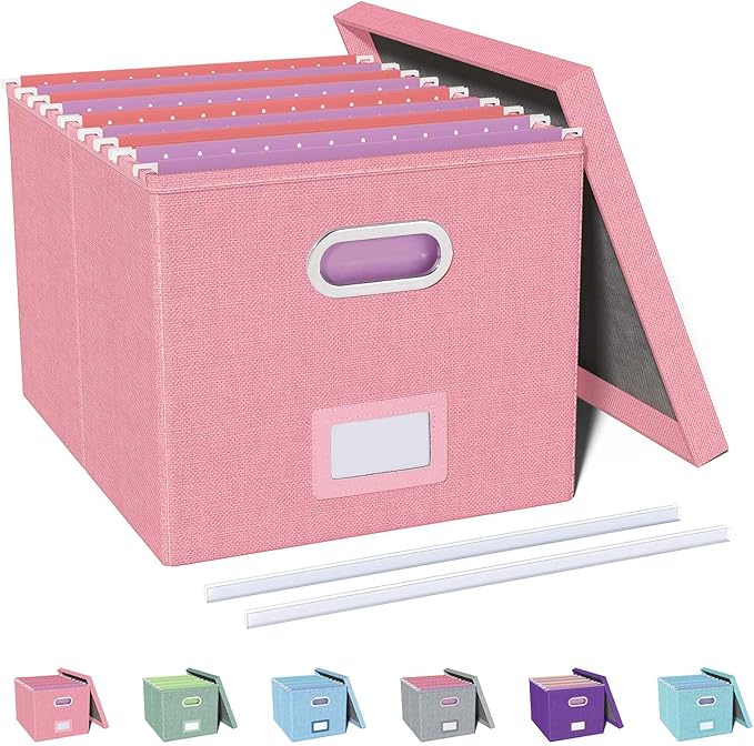Oterri File Organizer, File Box, File Cabinet for Letter File Folder Storage, Portable Storage Bins with Lids for Office/Decor/Home, 1 Pack, New-pink-Box only