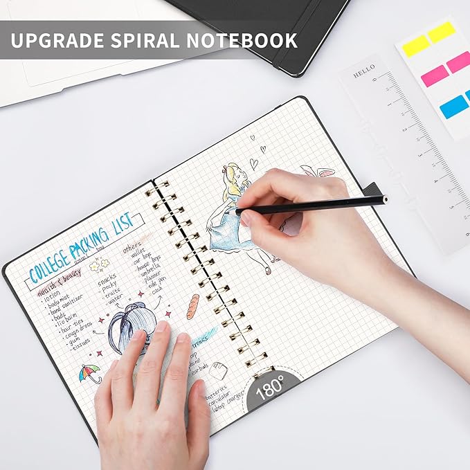 AHGXG Graph Paper Notebook - Spiral Notebook Hardcover Leather Journal 140 Pages, A5 Grid Paper Notebook 5.7" x 8.3", 100 gsm Thick Paper, for School Writing Graphing Engineering, Black