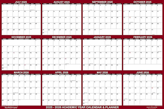 32" x 48" SwiftGlimpse 2025-2026 Academic Wall Calendar Dry Erase Erasable, XLarge, Wet & Dry Erase Laminated, Yearly Planner, JULY 2025 to JUNE 2026 ONLY
