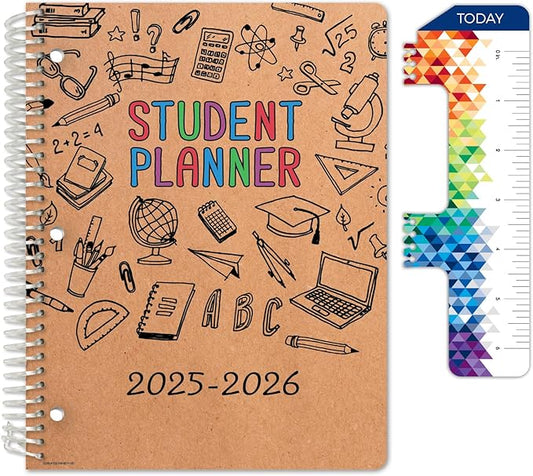 Global Datebooks Dated Middle School or High School Student Planner for Academic Year 2025-2026 Includes Ruler/Bookmark and Planning Stickers (Block Style - 8.5"x11" - Kraft Doodles)