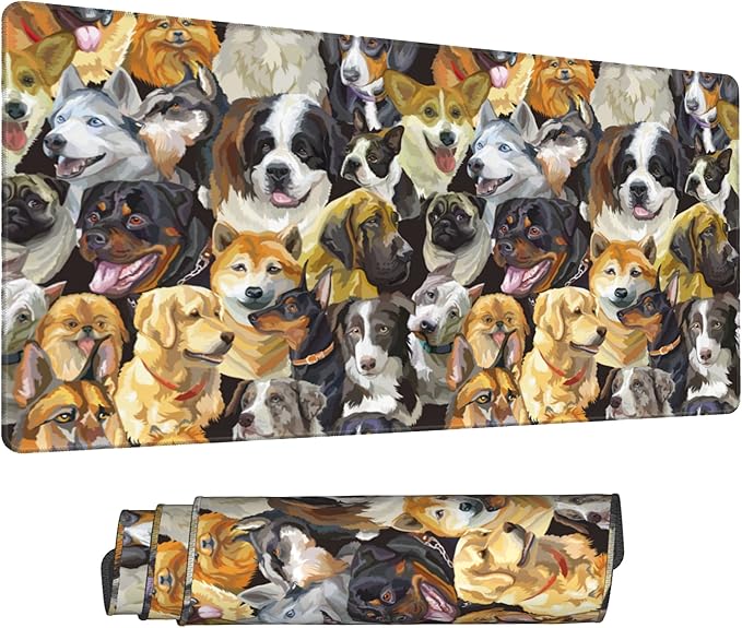 Desk Mat,Cute Dogs Heads Extended Gaming Mouse Pad for Office Work & Game,Computer Keyboard Mouse Mat Desk Non-Slip Rubber Base Large Mousepad with Stitched Edges, 31.5x15.7inch