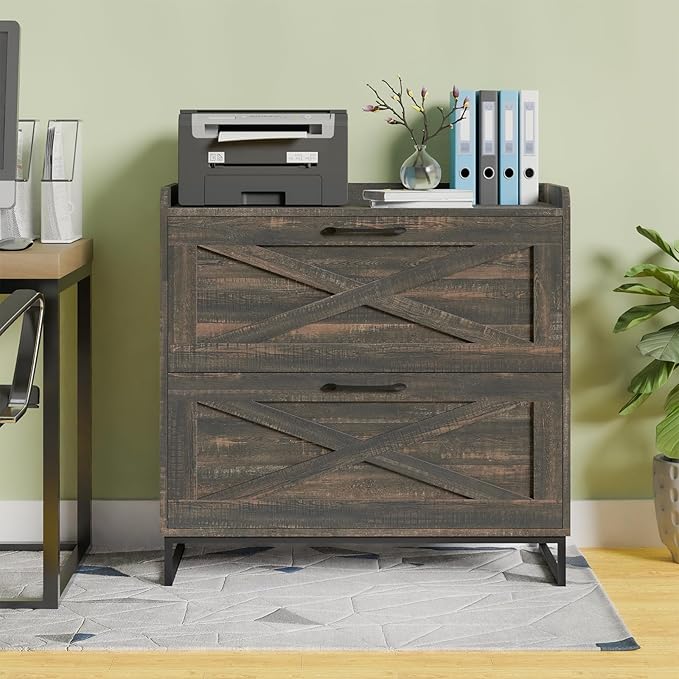 Lateral File Cabinet 2 Drawer File Cabinet with Charging Station for Legal/Letter/A4 Size Hanging Files, Modern Farmhouse Large Wood File Storage Cabinet for Home Office Furniture(Dark Rustic Oak)