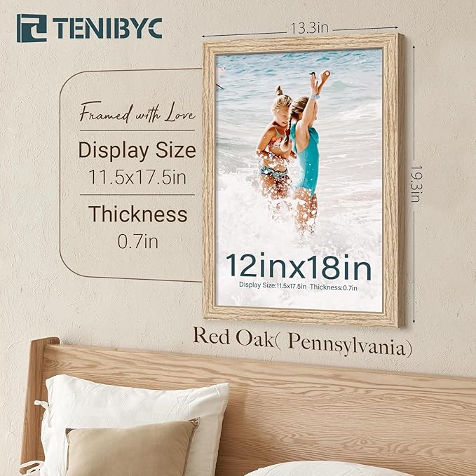 12x18 Oak Wood Frame with HD Glass - 3pk, Natural Solid Wood Picture Poster Frame, Wall Gallery Frame