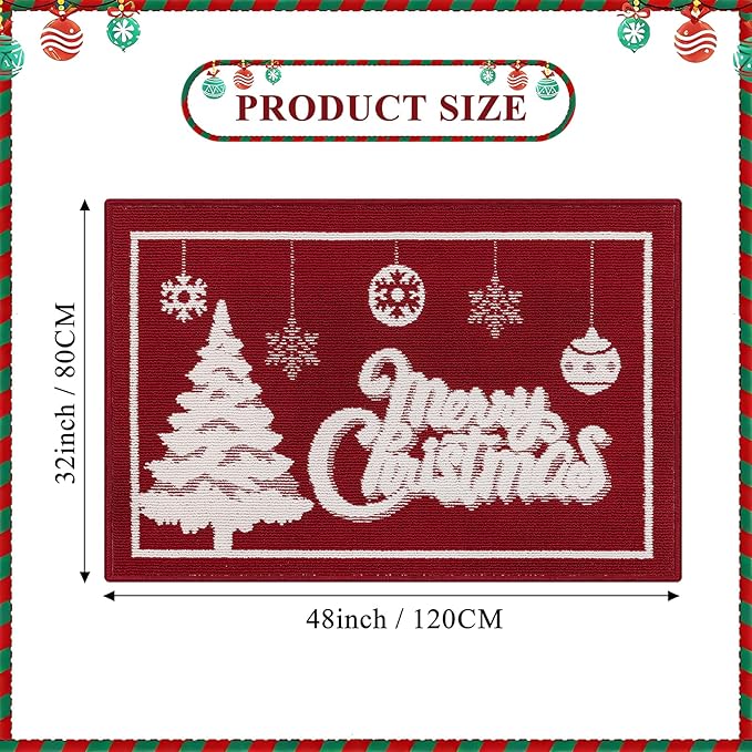 Christmas Doormat with Non Slip, Loop Pile Red and White Indoor Christmas Welcome Mat with Absorbent & Dirt-Trapping, Outdoor Christmas Tree Door Mat Front Porch Decor 32x48 Inch