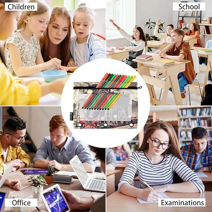 ZAZYXTJ Personalized Vintage Train Binder Pencil Pouchs 3 Ring with Zipper Clear Window Office Organizers bag for School Students Teacher Supplies 2 Pack