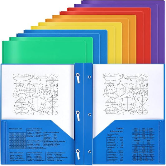 Yeaqee 12 Pcs Plastic Folders with Pockets and Prong Plastic Folders with 2 Pockets Pocket for Office, School for Students, Teachers, Office Workers(Stylish Color)