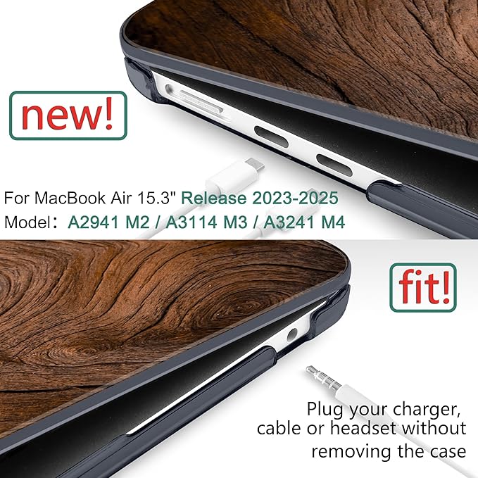 DONGKE Compatible with M4 MacBook Air 15 inch Case 2025 2024 2023 A3241 A3114 A2941 M3 M2 Liquid Retina Display Touch ID, Plastic Hard Case & Keyboard Skin & Screen Protector - Wood Grain