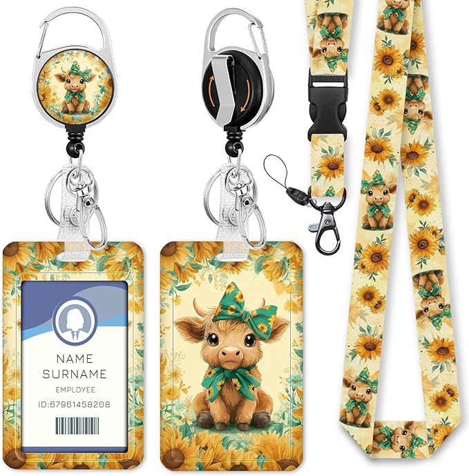 Gctriki Highland Cow Lanyards for ID Badges, Sunflower Cow id Holder with Lanyard, Cute Retractable Badge Reel Clip Keychain Name Tag Protector for Women Nurse Teacher Student Workers Office Gifts