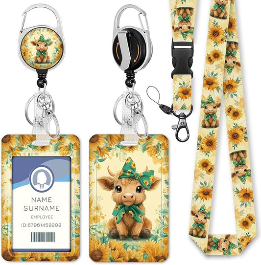 Gctriki Highland Cow Lanyards for ID Badges, Sunflower Cow id Holder with Lanyard, Cute Retractable Badge Reel Clip Keychain Name Tag Protector for Women Nurse Teacher Student Workers Office Gifts