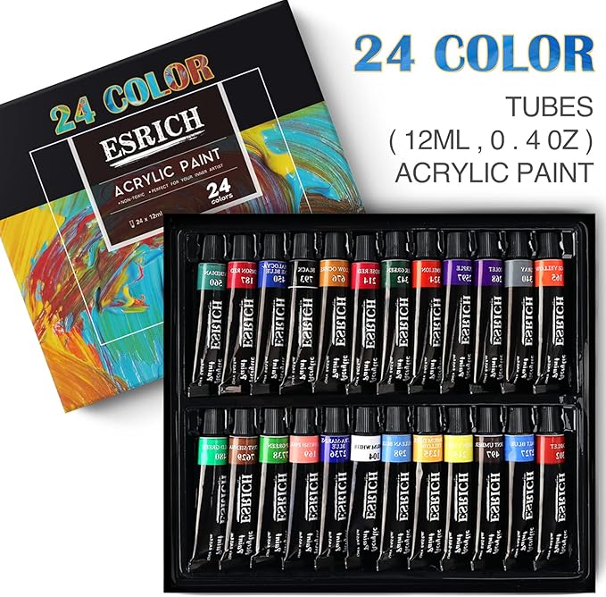 ESRICH Acrylic Paint Canvas Set, 42 Piece Professional Premium Paint Kit with 1 Wood Easel, 24Colors, 10 Brushes, 6 Canvases, Painting Supplies Kit for Kids, Students, Artists and Beginner