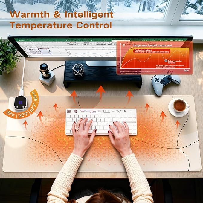 iCasso XXL Heated Desk Pad, Heated Mouse Pad Hand Warmer, Warm Desk Mat with 4 Heating Levels for Computer Keyboard, 35.4" x 15.7" Large Mousepad for Home Office Work (Brown Art)