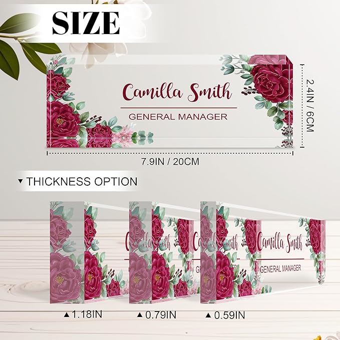 Ship Next Day Personalized Name Plate for Desk, Custom Acrylic Desk Name Sign, Office Appreciation Gifts for Women Men Coworkers Boss Teacher Employee (Flower-Rose)