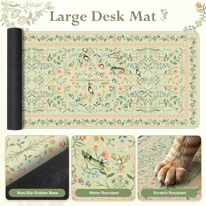 iLeadon Mouse Pad with Wrist Rest, Non-Slip Desk Mat for Keyboard and Mouse, Mouse Pad Sets for Women Desk, Wrist Pads for Keyboard, Floral Mat for Home Office (Light Green)