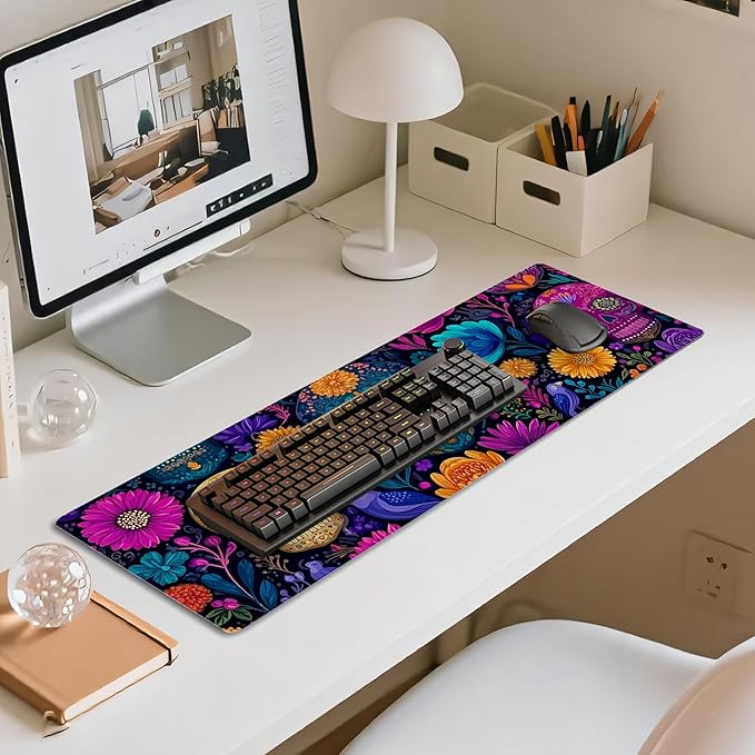 31.5”x11.8”Large Gaming Mouse Pad for Desk, Mouse Mat with Seamed Edges, Waterproof Desk Pad, Non-Slip Rubber Base, Keyboard Pad Computer Mat, Big XL Mousepad-Skull Flower