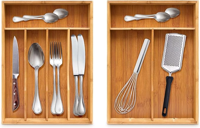 Bamboo Drawer Organizer - Kitchen Utensil Holder, 5 Slots Silverware Drawer Organization, Kitchen Wooden Tray for Cutlery, Flatware & Stationery - Natural