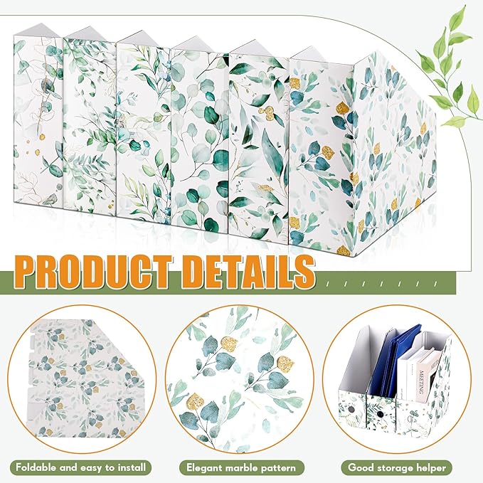 PerKoop 6 Pcs Magazine File Holder Foldable Decorative Cardboard File Folders 6 Patterns Floral Colored Magazine Rack with Printable Sticker Labels for School Office Home Desk (Eucalyptus Leaves)