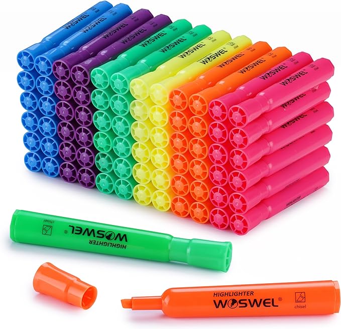 Highlighters Bulk, 72 Pack Tank Style Highlighters Assorted Fluorescent Colors Set, 6 Bright Colors Chisel Tip Highlighter Markers for Kid and Adult Coloring, Highlighting as School Supplies