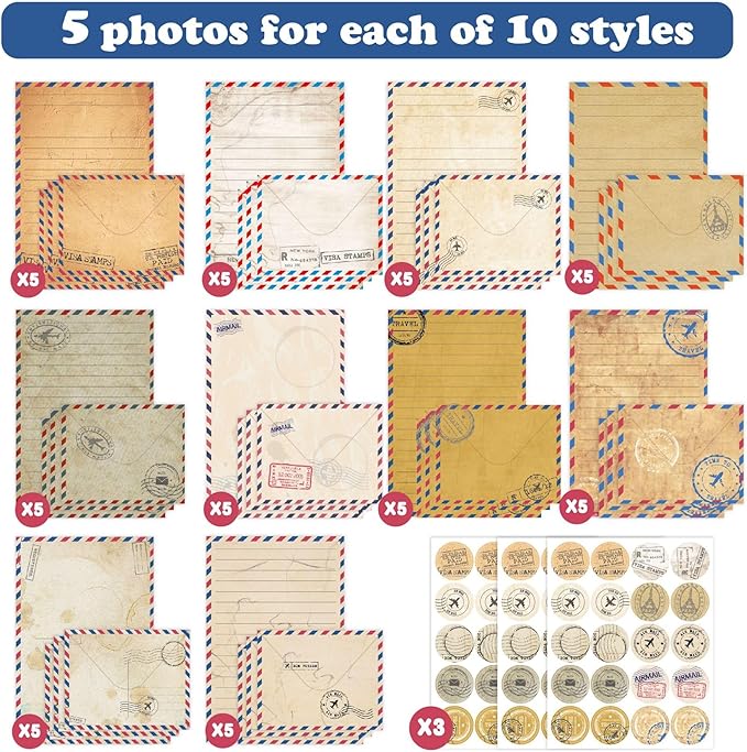 160 Packs Stationery Paper and Envelopes Set 10 Different Designs, 50 One Sided Stationery Writing Papers with 50 Matching Envelopes and 60 Round Dot Sticker, 5.5 x 8.25 Inch (VintageTravel)