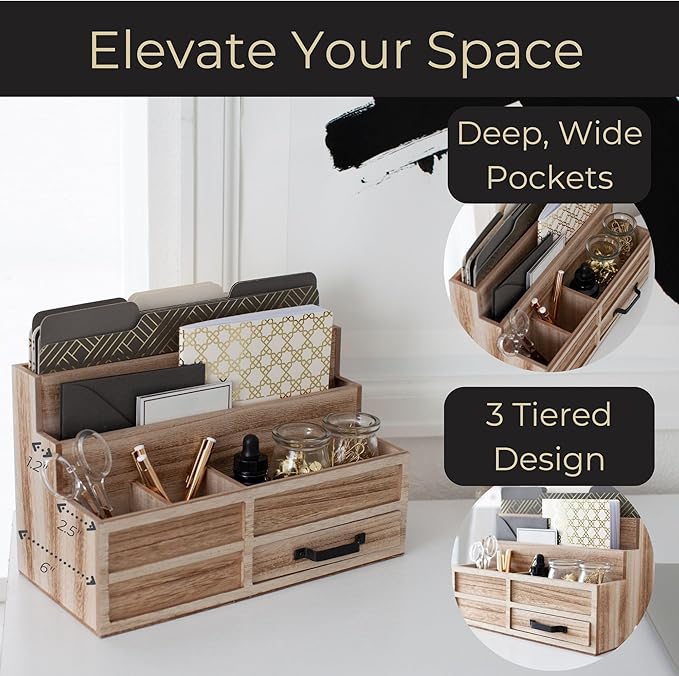 BLU MONACO Natural Wood Mail Organizer with Drawer & Pen Holder – Desk Organizer for Bills, Storage, Countertop & Kitchen