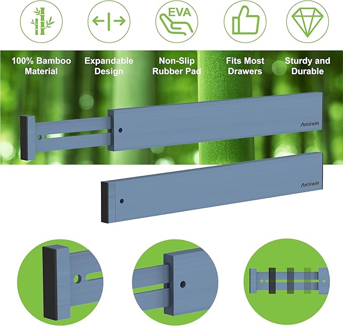 ANTOWIN Bamboo Drawer Dividers, Expandable Drawer Separators Splitter,17-22 inches Long Adjustable Spring-loaded Organizer for Large Utensil, Clothes, Tools Drawers (Blue)