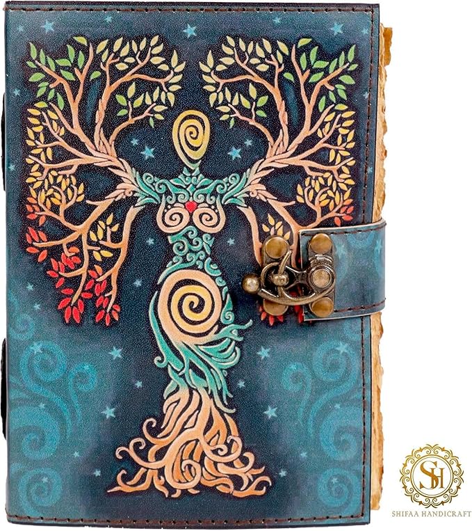 Blank Spell Book Of Shadows Journal With Lock Clasp Prop Vintage Handmade Leather Diary Embossed Prayer Pagan Antique Witchcraft Supplies Wiccan Notebook Daily Witch Gifts Mystic Greek Mythology Goddess (7x5)