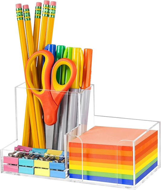 HBlife Acrylic Pen Holder Desk Organizer, 3-Compartment Pencil Holder for Desk, Clear Office Supplies Desk Accessories with Sticky Notes Holder Workspace Organizers for School, Home and Office