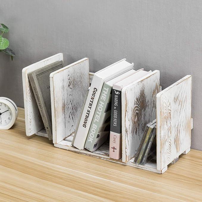 MyGift Rustic Expandable Whitewashed Wood Desktop Bookshelf/Adjustable Tabletop Book Holder Organizer Rack