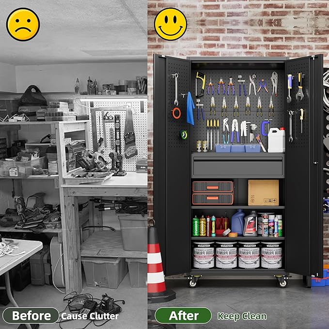 Aobabo Garage Storage Cabinet with Wheels, Metal Tool Storage Cabinet with 1 Drawer for Home,Assembly Required,Black