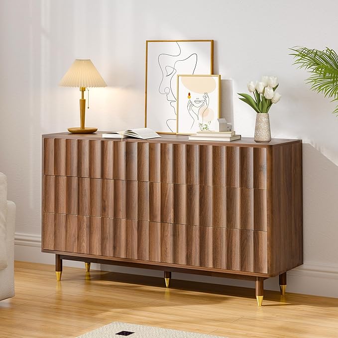 Fluted 6 Drawer Dresser, 53" Wide Modern Storage Chest of Drawers, Wood Drawer Organizer for Bedroom, Living Room, Hallway