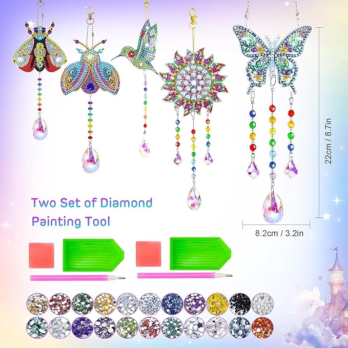 5Pcs Diamond art Kits for Kids/Adults, Crafts for Kids Ages 8-12, DIY Diamond Painting art Wind Chimes Crystal Window Suncatcher Craft, Birthday Gifts for 7 8 9 10 11 Year Old Girls, Home Garden Decor