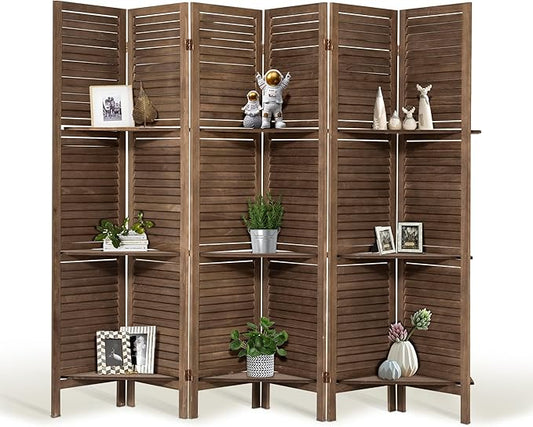 Room Divider with Shelves, 5.6FT Folding Room Divider Panel, 6 Panel Wood Partition Wall Divider for Room Separation, Dark Brown
