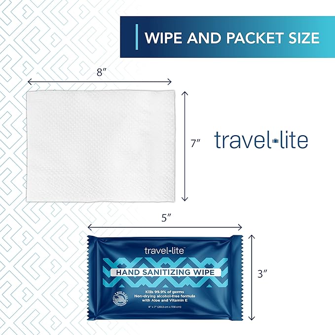 Travel Lite Alcohol-Free Hand Wipes with Aloe Vera and Vitamin E, Fresh Scent 50ct Individually Wrapped Travel Essentials Wipes for Adults and Kids